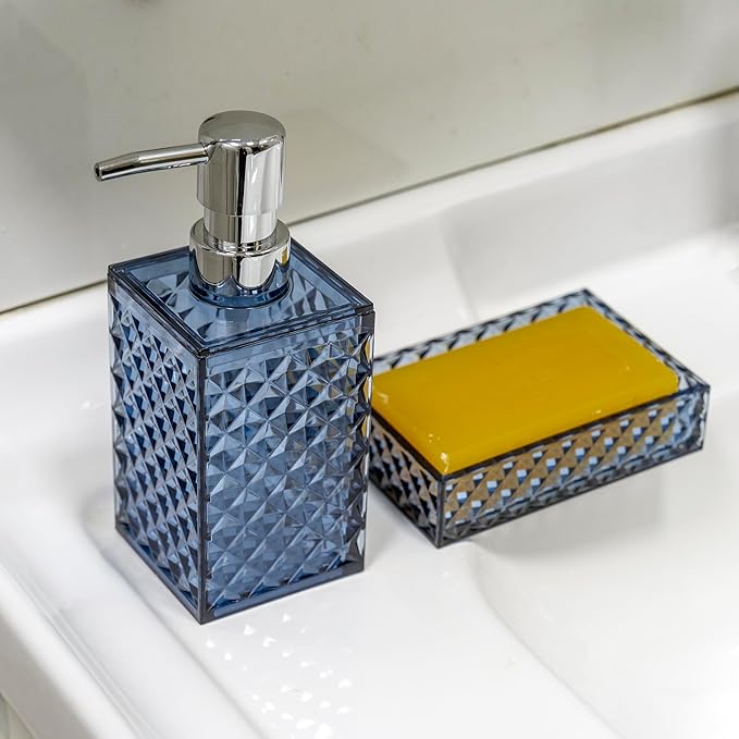 Blue Bathroom Accessories Set, 4 PCS Dark Navy Blue Bathroom Accessories Sets Complete, Diamond Pattern Bathroom Soap Dispenser and Toothbrush Holder Set, Boho Bathroom Décor and Accessories