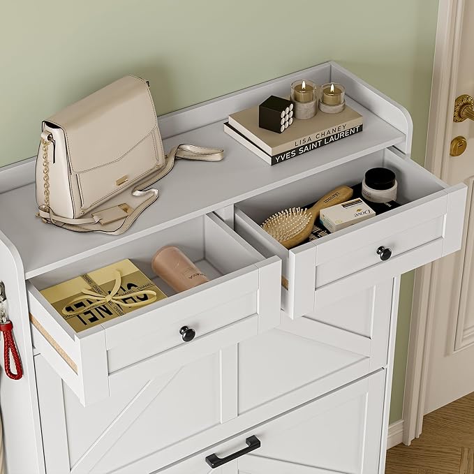 BORNOON Shoe Storage Cabinet for Entryway, Farmhouse Narrow Shoe Cabinet with 2 Flip Drawers & Top Drawers, Adjustable Shelves & Hooks, Freestanding Hidden Rack Organizer for Hallway, Foyer