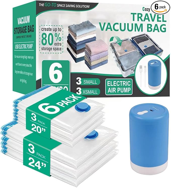 Cozy Essential 6 Pack Travel Vacuum Storage Bags with Rechargeable Wireless Electric Pump for Luggage, Suitcase, Carry-on Size Vacuum Seal Compression Space Saver Bags for Clothes and Clothing Travel