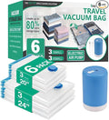 Cozy Essential 6 Pack Travel Vacuum Storage Bags with Rechargeable Wireless Electric Pump for Luggage, Suitcase, Carry-on Size Vacuum Seal Compression Space Saver Bags for Clothes and Clothing Travel