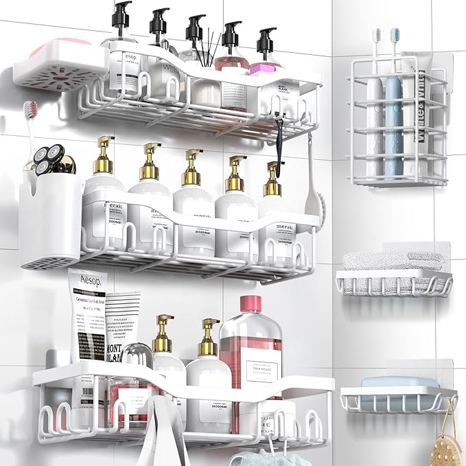 Shower Caddy Adhesive Shower Organizer 8-Pack, Rustproof Stainless Steel Bathroom Shelves, Large Capacity No-Drill Rack Storage Accessories with Soap Dish Toothbrush Holder Hooks