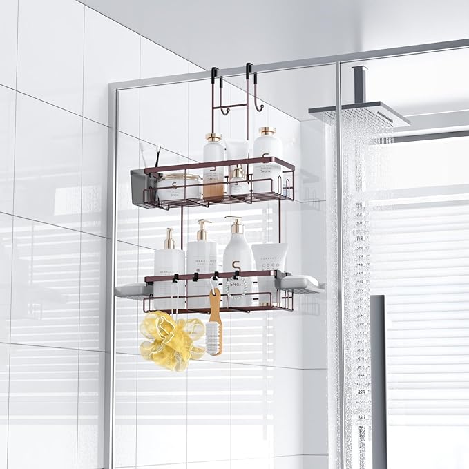 Over the Door Hanging Shower Caddy: Rustproof Hanging Organizer over the Door - No Drilling Bathroom Rack for Inside Shower Bronze