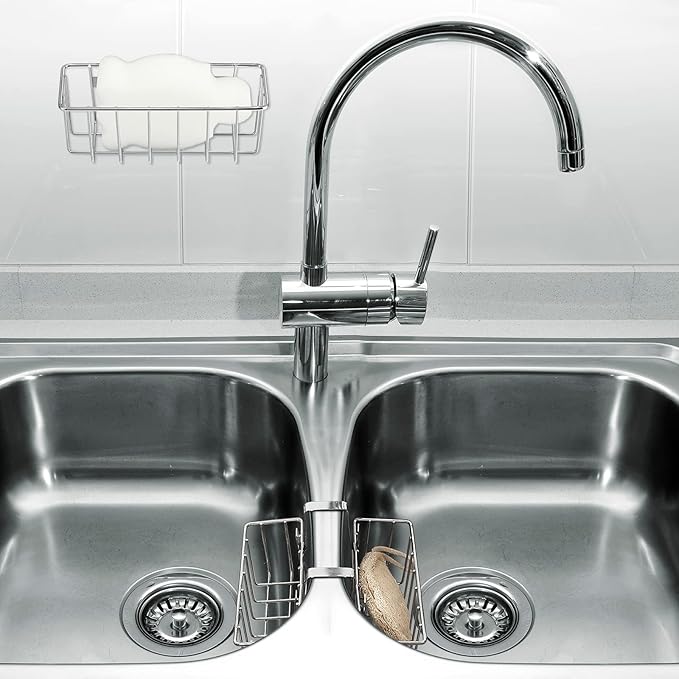 2 Pieces Sponge Holder Kitchen Sink Caddy Metal Sink Organizer Basket for Scrubber Soap Towel Brush Dishwashing Liquid Drainer Rack in Kitchen Bathroom Bathtub, Silver