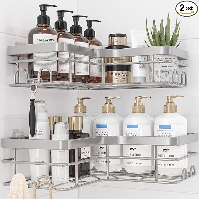 Corner Shower Caddy - 2 Pack, Adhesive Shower Organizers, Rustproof Stainless Steel Shower Shelves with 8 Hooks, No Drilling Bathroom Organizers and Storage Racks, Space-Saving, Silver, X-Large
