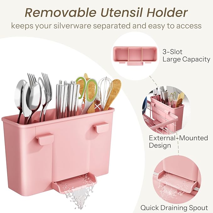 SNTD Dish Drying Rack - Small Dish Rack for Kitchen Counter, Stainless Steel Dish Drainer with Utensil Holder and Drainboard, 11" W x 15" L (Pink)