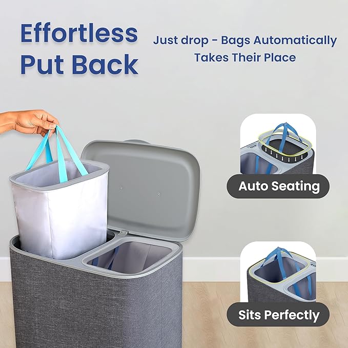 XABITAT Dual Section 90L Laundry Basket with Wheels and Lid – Tall divided Double Laundry Hamper with 2 Removable Washable Bags, Large Laundry Sorter for Easy Clothes Separation