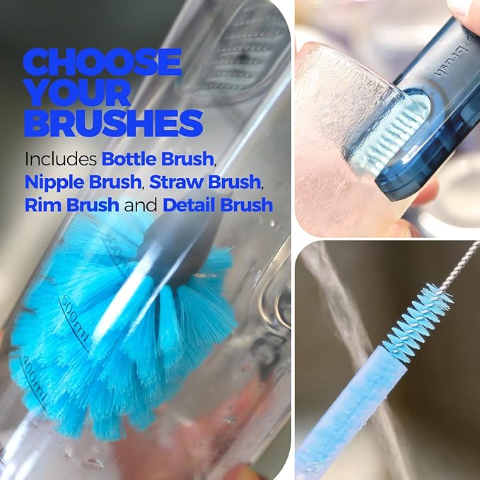 Holikme 6 Pack Brush Set, 14" Long Handle Stainless Steel Cleaner, 3 Straw Brushes, 3-in-1 Cleaning Brush for Water and Baby Bottles, Straws - Blue