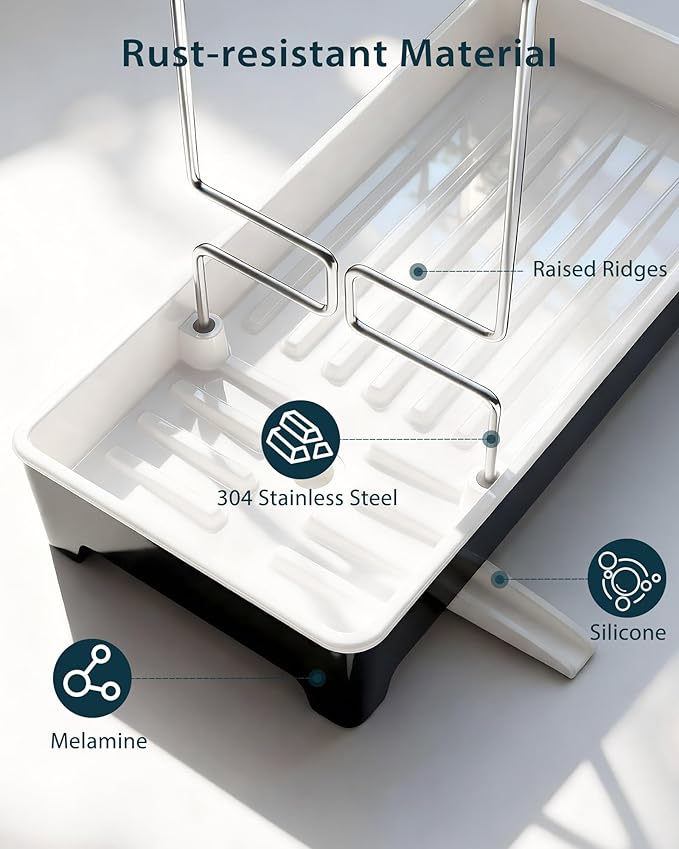 Minimalist Sink Caddy, Rustproof Sponge Holder for Kitchen Sink with 304 Stainless-Steel Brush Holder, Countertop Rack Organizer with Raised Ridges & Silicone Drain Tube (Black)