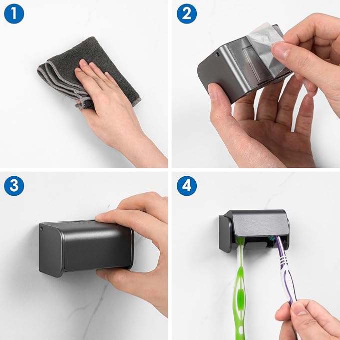 Toothbrush Holder Wall Mounted with Cover for Bathroom, 2 Slots Toothbrush Storage Organizer for Shower, Self Adhesive Toothbrush Hanger Rack for Dorm, Cabinet (Brushed Grey)