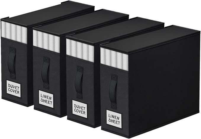 4 Pack Bed Sheet Closet Organizers and Storage,Sturdy Foldable Storage Containers with Window and Label,Storage and Organization for Bedding Sheets,Duvet Covers,Blankets (Black)