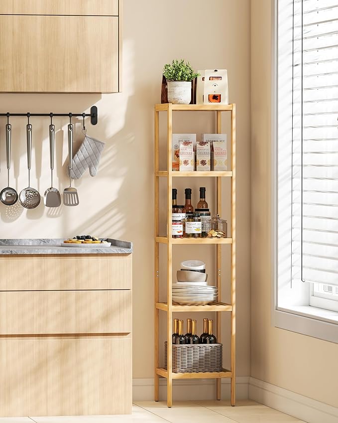SONGMICS Bamboo Storage Shelf, 5-Tier Shelving Unit, Multifunctional, in the Entryway, Bathroom, Living Room, Balcony, Kitchen, 13 x 13 x 57.5 Inches, Light Bamboo UBCB55Y