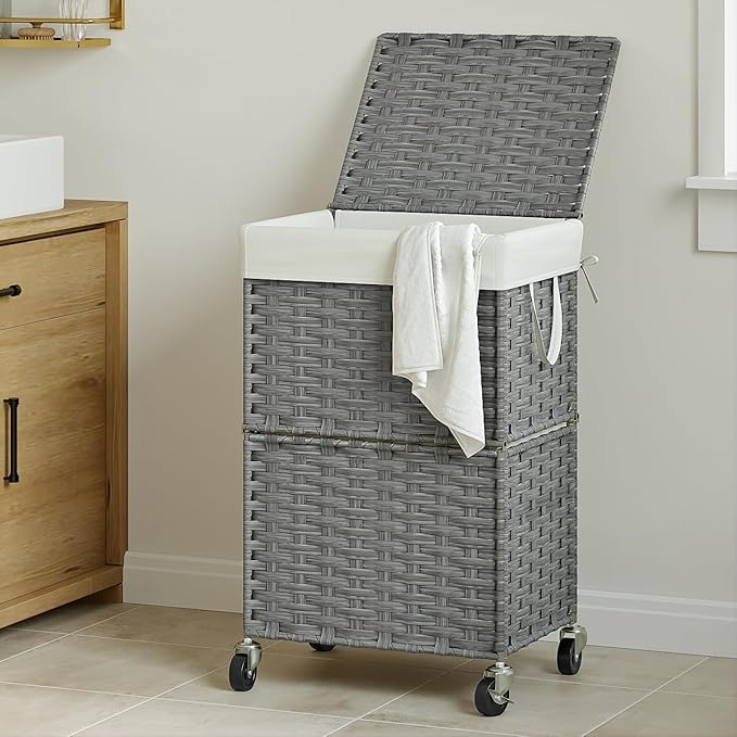 Chrislley 90L Slim Laundry Hamper with Wheels, Rolling Laundry Basket with Lid and Renovable Liner Bag, Handwoven Rattan Organizer for bedroom, bathroom, laundry room (Grey)
