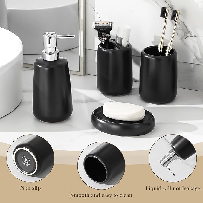 MALACASA Ceramic Bathroom Accessories Sets, 4 PCS,Soap Dispenser, Toothbrush Holder, Toothbrush Cup and Soap Dish, Durable Bathroom Sink Set for Modern Home Decor,Gift Set, Black