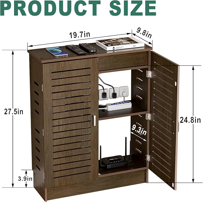 WiFi Router Storage Cabinet, PVC Floor Standing Router Storage Box Modem, Power Strip and Cable Management Hider Organizer for Home and Office (Walnut)