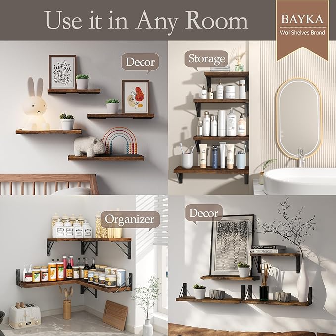 BAYKA Wall Shelves for Bedroom Decor, Floating Wall Shelves for Living Room Kitchen Storage, Mounted Rustic Wood Floating Shelves for Kids Books, Corner Shelf for Bathroom(Rustic Brown，Set of 4)
