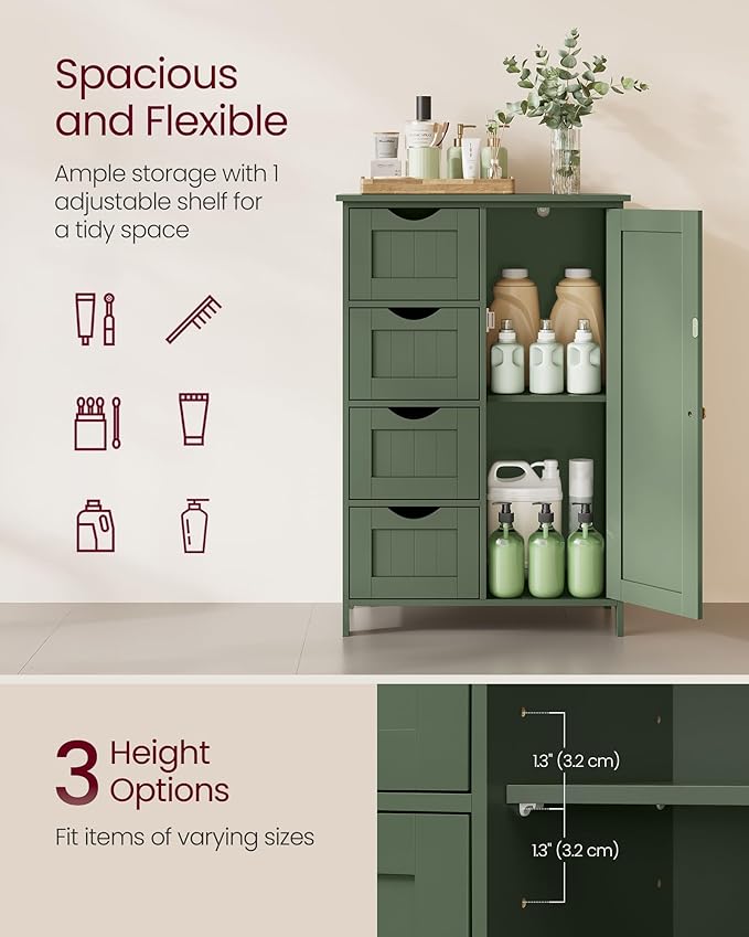 VASAGLE Storage Cabinet with Drawers, Freestanding Floor Cabinet with Door, 11.8 x 21.7 x 32.3 Inches, Adjustable Shelf, for Bathroom, Living Room, Kitchen, Forest Green ULHC041CH01S