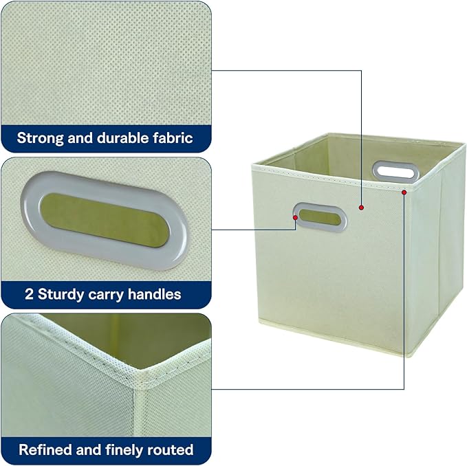 STOREONE Fabric Storage Bins Cubes Baskets Containers-(11X11X11) with Dual Handles Cube Storage Organizer Bins for Shelf Closet, Bedroom Organizers, Foldable Set of 3 (Creamy- White )