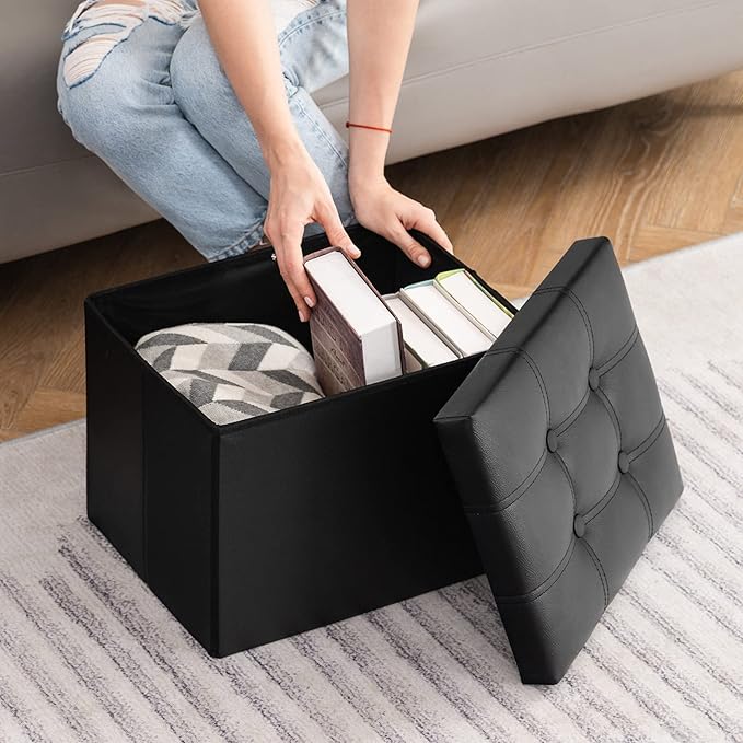 YOUDENOVA Small Ottoman, 36L Storage Space PU Faux Leather with Soft Padded Seat Footrest for Living Room Bedroom, Black