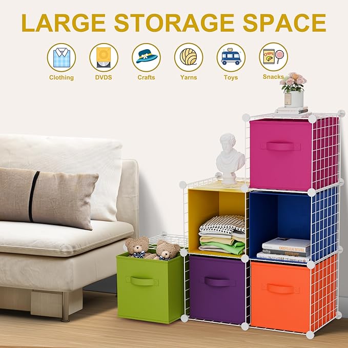 Leinuosen 6 Cube Storage Organizer with Fabric Bins, Wire Grid Stackable Shelves, Drawer Closet Organizer, Modular Storage Units for Bedroom Living Room Office Clothes Toys Crafts(White,Colorful)