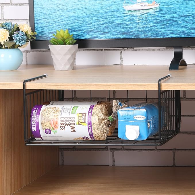 SUFAUY 2-Pack Under Shelf Basket, Under Cabinet Storage Hanging Organizer Holds up to 22lbs, Add Shelves for Storage for Pantry Closet, 11.3“d x 12.3" w, Black