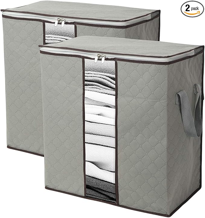 Szxc 2 Pack Foldable Erect Storage Bags Under Bed Closet Organizer 18 x 11 x 19 inch (L x W x H) - for Quilt Blanket Pillow Clothes Bedding - Clear Window & Handles - Easy to Fit 5 Throw Pillows