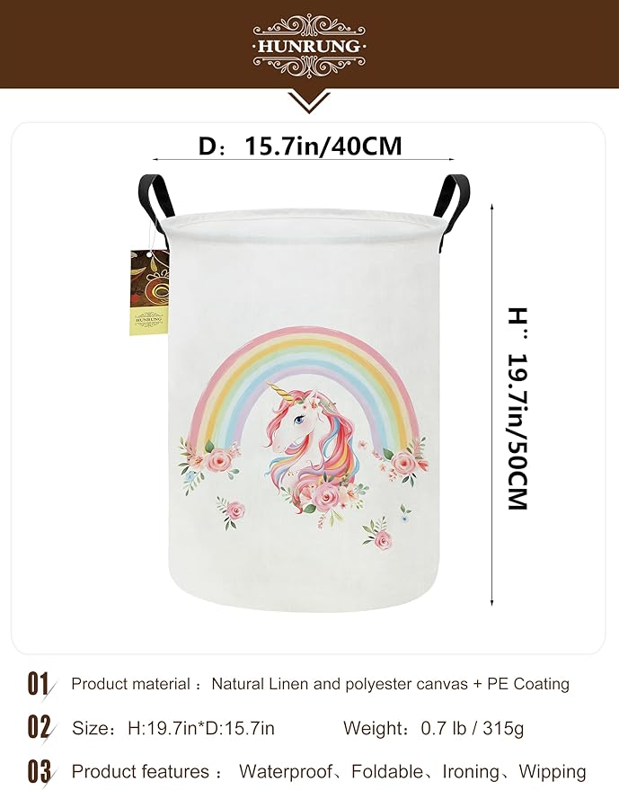 HUNRUNG Laundry Hamper,Large Canvas Fabric Lightweight Storage Basket Toy Organizer Dirty Clothes Collapsible Waterproof for College Dorms（Round-Rainbow Unicorn）