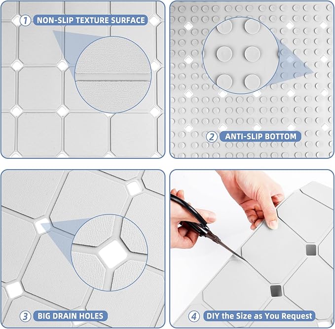 MEIMEIDE Shower Mat Non Slip 21"x21" Silicone Foldable Bath Mat with Suction Cups & Drain Holes, Odorless, Eco-Friendly & Durable, Machine Washable Shower Stall Mat for Adults, Seniors White