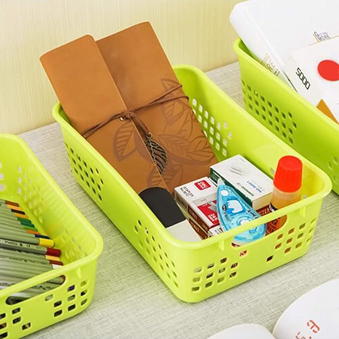 Jucoan 12 Pack Classroom Storage Baskets, Colorful Small Plastic Organizer Basket Bin, Pen Pencil Crayon Storage Tray for Home Office School Desktop, Drawers, Shelves, 4 Colors, 8.5 x 5.5 x 3 Inch