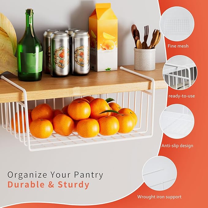 SUFAUY 4-Pack Under Cabinet Shelf Basket, Wire Rack Storage Organizer Holds up to 22lbs for Kitchen Pantry or Refrigerator, 10.6“d x 16" w, White