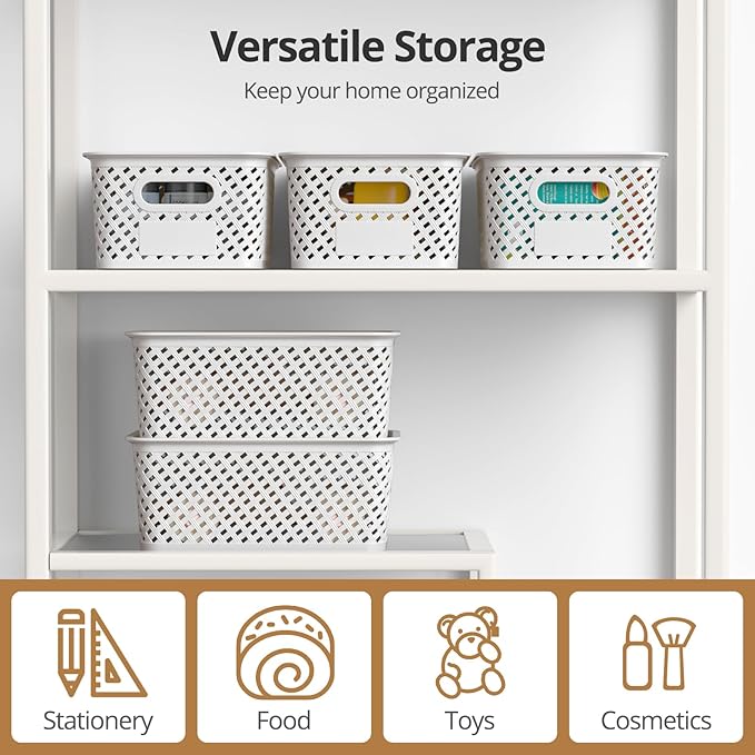 Plastic Storage Bins with Lid, Stackable Small Box Basket for Organizing and Containers for Shelves Drawers Desktop Closet Playroom Pantry Classroom Office Home, 8-pack 10.2x7.2x4.1 Inch, White