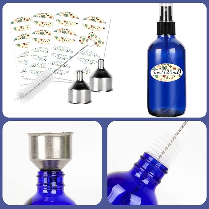 CycleMore 120ml 16 Pack 4oz Blue Glass Spray Bottles with Fine Mist Sprayers, Glass Travel Bottles for Cosmetic, Essential Oils, Cleaning Solutions, Perfumes & More Liquids Ideal for Friends