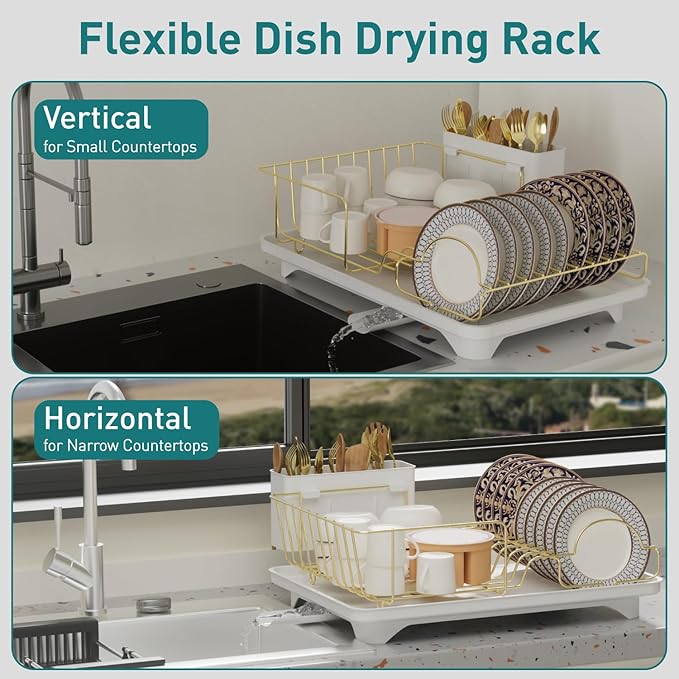 Buruis Dish Drying Rack for Kitchen Countertop, Large Capacity Gold Stainless Steel Dish Drainer with Anti-Slip Rubber Feet, Removable Drain Board and Utensil Holder (White Tray)