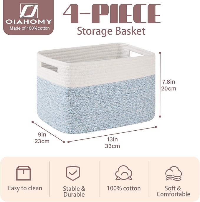 OIAHOMY 4 Pack Storage Baskets for Organizing, Basket for Shelves with Handle, Woven Baskets for Storage Toys, Towels, Books, Cotton Rope Basket 13" L x 9 " W x 7.8 " H, Light Blue & White