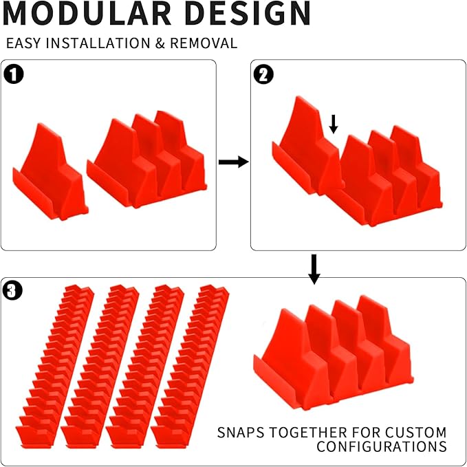 80 Pcs Modular Wrench Organizer Holder Set with Metric & SAE Labels, Wrench Rack for Toolbox Drawer Storage, Includes 9-Grid Clear Parts Box (Red)