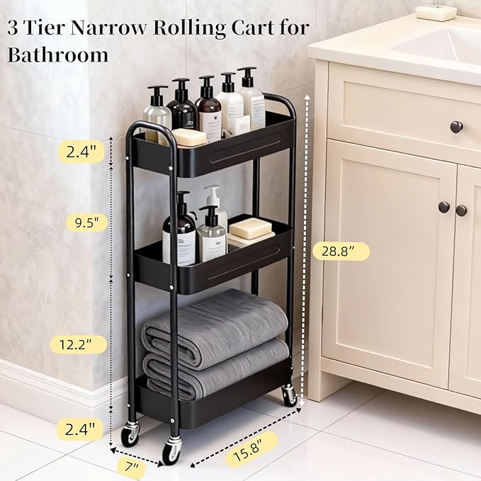 3 Tier Slim Metal Rolling Storage Cart for Laundry Room & Kitchen Organizer, 7.1'' Thin Standing Shelf for Narrow Spaces, Utility Cart with Wheels & Lockable Casters for Bathroom, Black