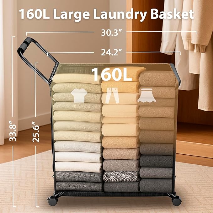 Laundry basket with Wheels 43 Gal (160L), Large & Tall Rolling Laundry Hamper, Metal Frame, Handle, and Removable Water-Resistant Bag, Suitable for Laundry Room, Bedroom (Black)