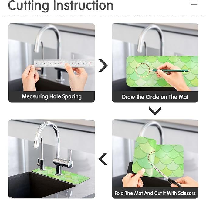 Kitchen Sink Splash Guard 1 PC 14.7 Inch Sink Faucet Mat Splash Guard for Bathroom Countertop Water Absorbent Foldable Cuttable Soft Washable Green Fish Scale