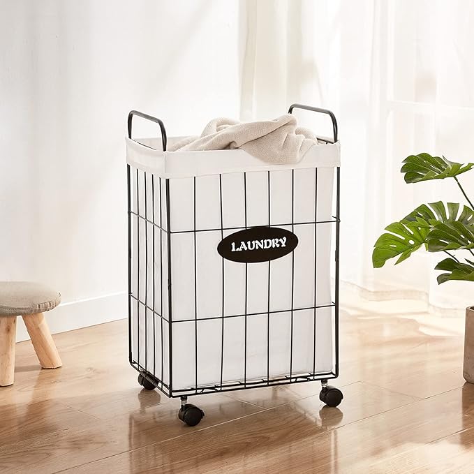 Mxfurhawa Iron Wire Laundry Hamper With Rolling Lockable Wheels, Folding Laundry Storage Basket with Handles,Detachable Liner Collapsible Dirty Laundry Cart Sorter Clothes Basket Organizer (23.6 inch)