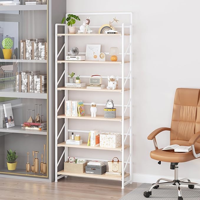 JSB Folding Bookshelf,Industrial Storage Shelves, No Assembly Vintage Wood Look Bookshelf with Storage Shelves for Living Room, Bedroom, Office (White, Wide 6-Tier)