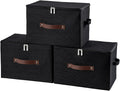 3 Pack Storage Bins with Zipper Lid Fabric Lidded Storage Boxes Baskets Cubes Washable Collapsible PU Leather Handle Cotton Linen Fabric Shelf Closet Organizer Container(Black, Large Size)