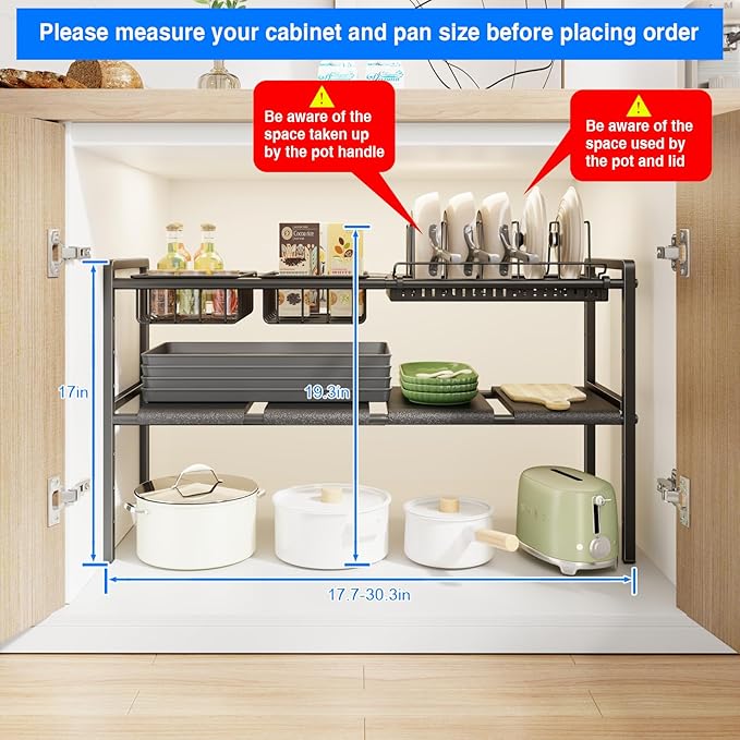 Pots and Pans Organizer Under Cabinet, Expandable 2 Tier Under Sink Organizers Storage Adjustable Height Kitchen Pot and Pan Lid Holder Rack with 6 Dividers(4panels,2baskets,1 Pot rack,Black)