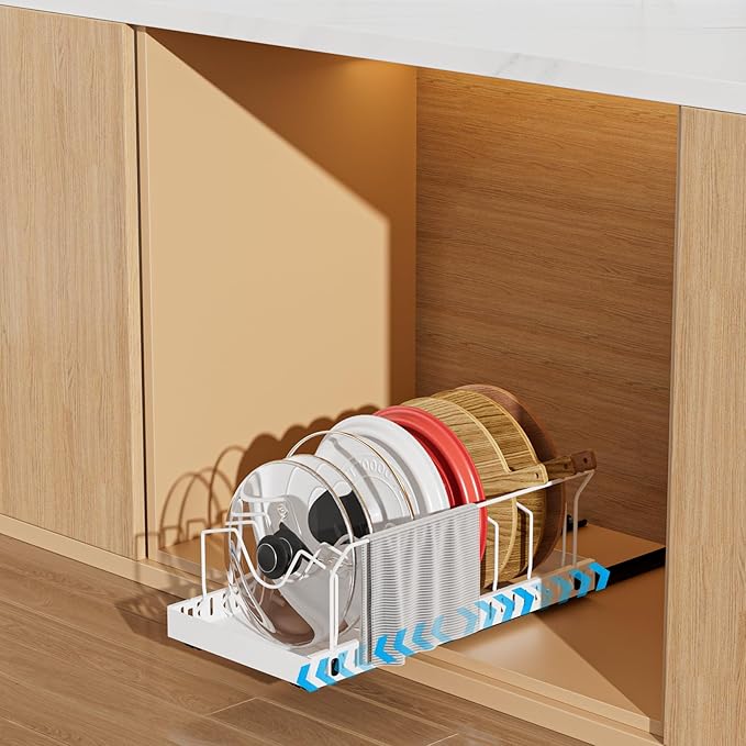 Pots and Pans Organizer Under Cabinet, Pull-out Pots and Pans Organizer, Under Cabinet Pot Lid Holder, Sliding type Pots and Pans Storage with 8 Adjustable Dividers & Handle Bracket - White