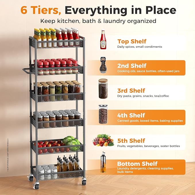 6 Tier Slim Storage Cart with Wheels, 10" D Rolling Storage Cart for Small Space, Metal Narrow Spice Cabinet Mobile Shelving Unit Organizer with Handle for Kitchen, Laundry - Black
