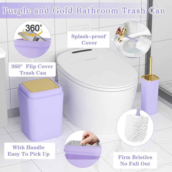 Purple Bathroom Accessories Set, Purple and Gold Bathroom Accessories with Trash Can, Soap Dispenser, Soap Dish, Toothbrush Holder and Q-tip Holders