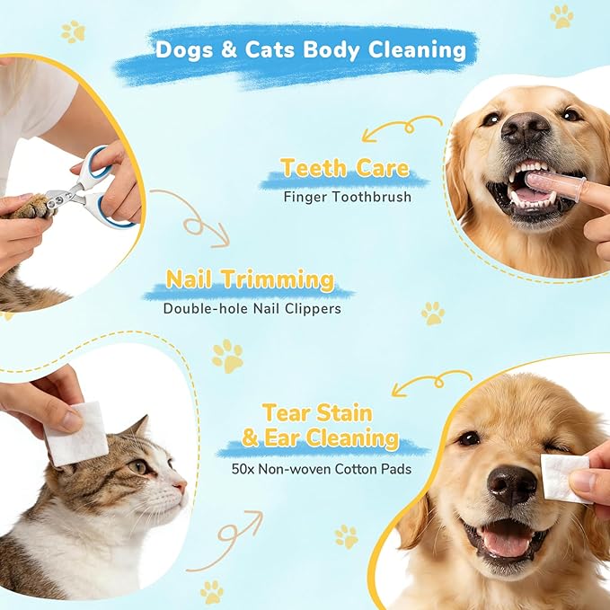 Pet Spray Brush for Cat & Dog, Hair Health & Grooming Set Includes 100ml Waterless Shampoo, Nail Clippers, Toothbrush, Comb, Cat Scratcher with Catnip, Disposable Cleaning Supplies, Gift-Set
