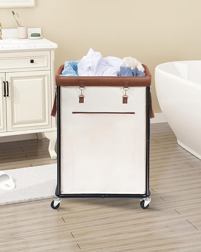 STORAGE MANIAC Large Laundry Basket with Wheels 160L Rolling Laundry Hamper Laundry Cart with Metal Frame and Removable Bag, Clothes Hamper for Bedroom, Bathroom, Dorm Room, Laundry Room, Beige