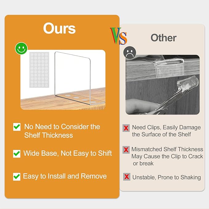 Shelf Dividers for Closet Organization: 6" Tall x 10" Deep, Deeper Adhesive Separators Features Acrylic Material and Provides Storage for Babywear and Purses in Bedroom Cabinets(8-Pack)