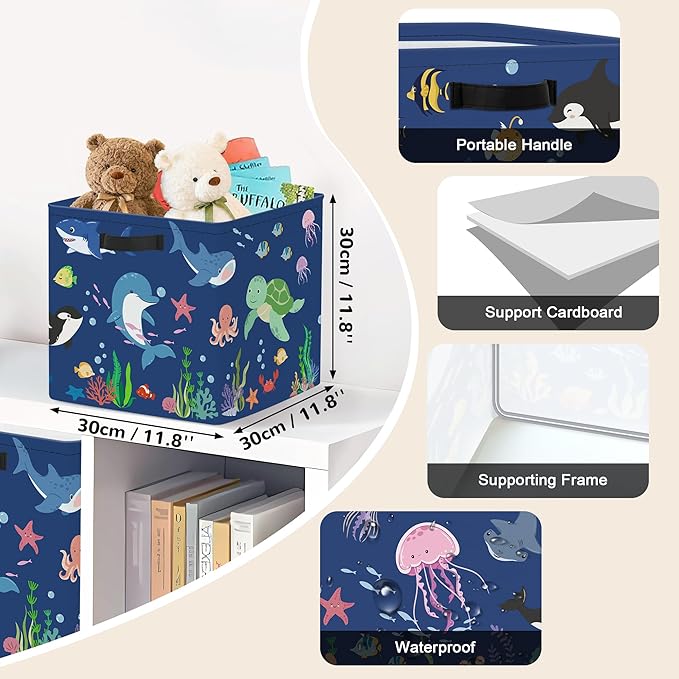 Clastyle 3 pcs Ocean Animals Cube Storage Unit Bin with Metal Frame Foldable Kallax Box for Shelves Parents Closet Organizer Basket for Book Clothes Toy Organizer, Blue, 11.8x11.8x11.8 in