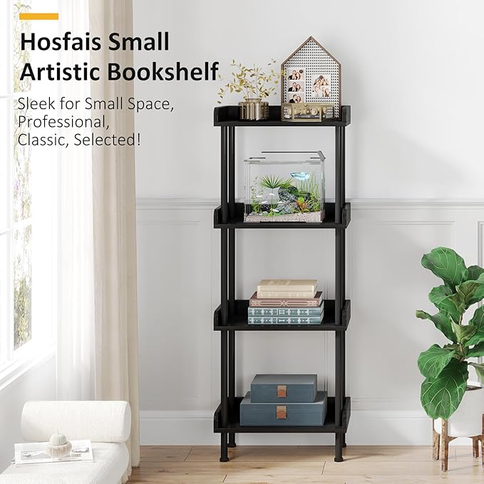 Hosfais Small Wooden Bookcase, 4-Tier Black Rustic Etagere Bookshelf for Living Room & Bedroom, Storage Organizer