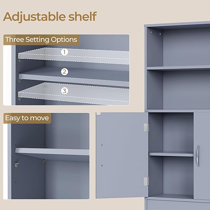 Yaheetech Over The Toilet Storage, Taller Bathroom Organizer Space-Saving Storage Cabinet with Adjustable Shelves and Double Doors, 77 in H, Grey